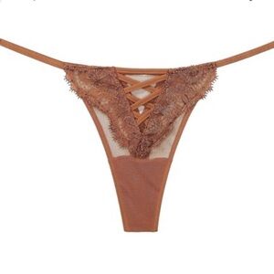 NWT Victoria’s Secret Floral Embroidered Lace Thong Panty - Light Brown Size M